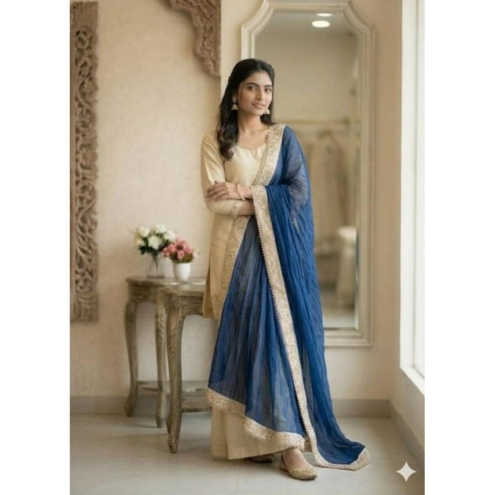 Generic Women's Silk Embroidered 3/4th Sleeve V-Neck Kurti With Sharara Pant and Dupatta Set (Cream &amp; Blue)