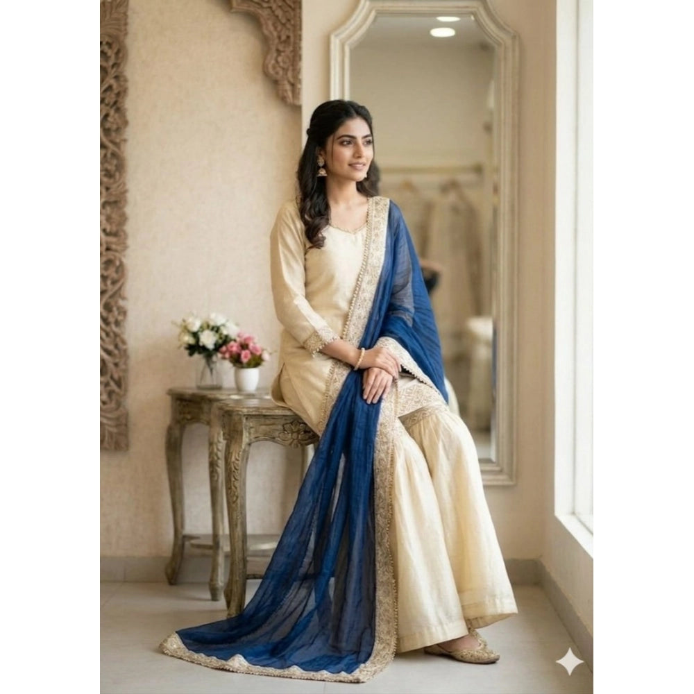 Generic Women's Silk Embroidered 3/4th Sleeve V-Neck Kurti With Sharara Pant and Dupatta Set (Cream &amp; Blue)