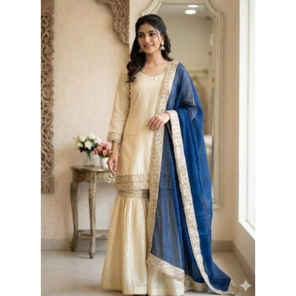 Generic Women's Silk Embroidered 3/4th Sleeve V-Neck Kurti With Sharara Pant and Dupatta Set (Cream &amp; Blue)