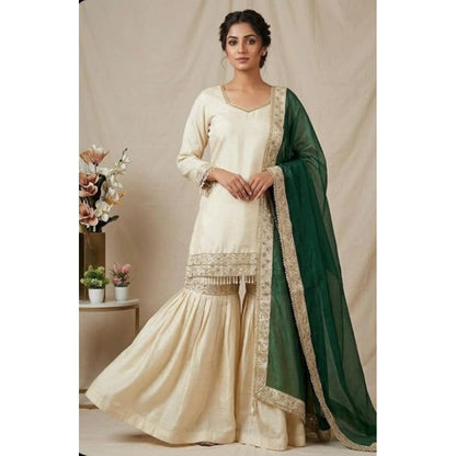 Generic Women's Silk Embroidered 3/4th Sleeve V-Neck Kurti With Sharara Pant and Dupatta Set (Cream &amp; Bottle Green)