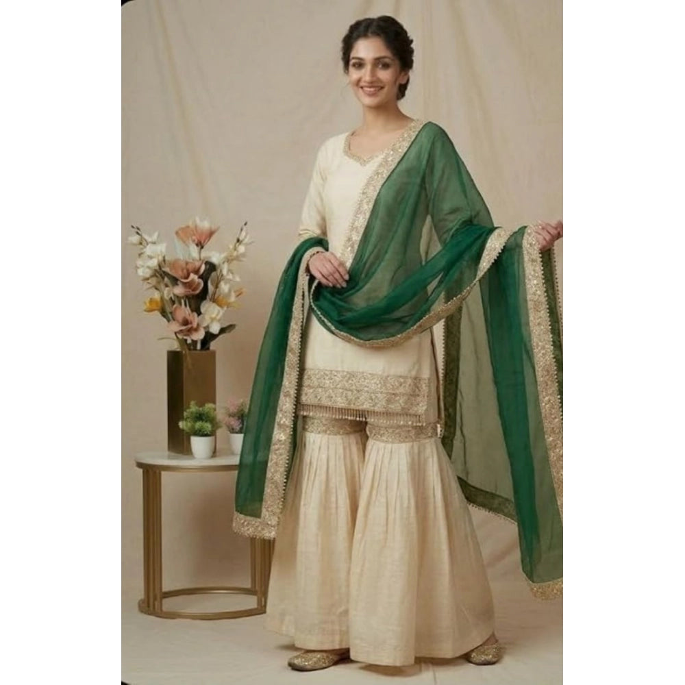Generic Women's Silk Embroidered 3/4th Sleeve V-Neck Kurti With Sharara Pant and Dupatta Set (Cream &amp; Bottle Green)
