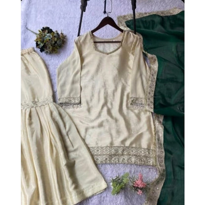 Generic Women's Silk Embroidered 3/4th Sleeve V-Neck Kurti With Sharara Pant and Dupatta Set (Cream &amp; Bottle Green)