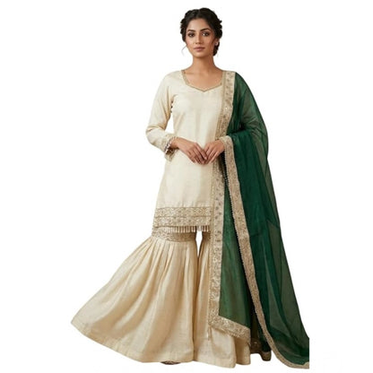 Generic Women's Silk Embroidered 3/4th Sleeve V-Neck Kurti With Sharara Pant and Dupatta Set (Cream &amp; Bottle Green)