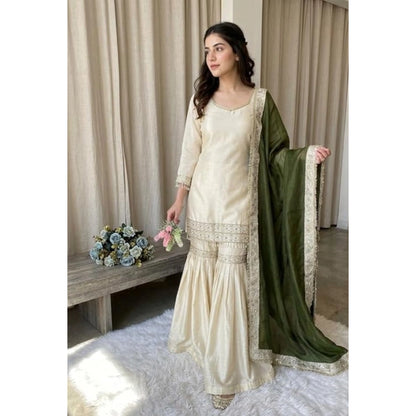 Generic Women's Silk Embroidered 3/4th Sleeve V-Neck Kurti With Sharara Pant and Dupatta Set (Cream &amp; Green)