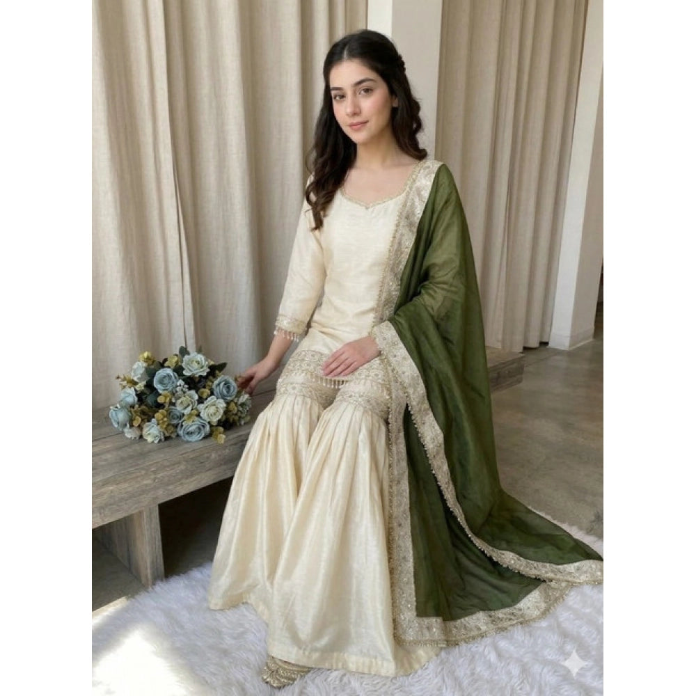 Generic Women's Silk Embroidered 3/4th Sleeve V-Neck Kurti With Sharara Pant and Dupatta Set (Cream &amp; Green)