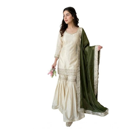 Generic Women's Silk Embroidered 3/4th Sleeve V-Neck Kurti With Sharara Pant and Dupatta Set (Cream &amp; Green)
