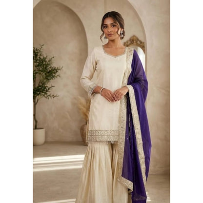 Generic Women's Silk Embroidered 3/4th Sleeve V-Neck Kurti With Sharara Pant and Dupatta Set (Cream &amp; Purple)