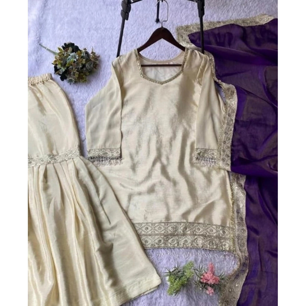 Generic Women's Silk Embroidered 3/4th Sleeve V-Neck Kurti With Sharara Pant and Dupatta Set (Cream &amp; Purple)