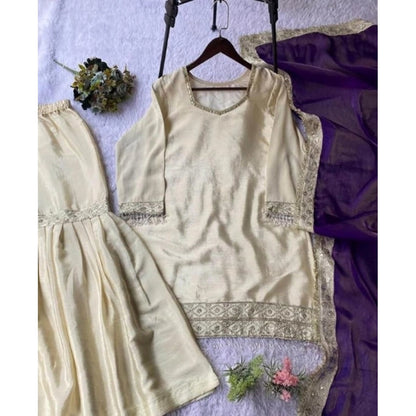 Generic Women's Silk Embroidered 3/4th Sleeve V-Neck Kurti With Sharara Pant and Dupatta Set (Cream &amp; Purple)