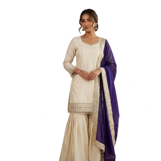 Generic Women's Silk Embroidered 3/4th Sleeve V-Neck Kurti With Sharara Pant and Dupatta Set (Cream &amp; Purple)