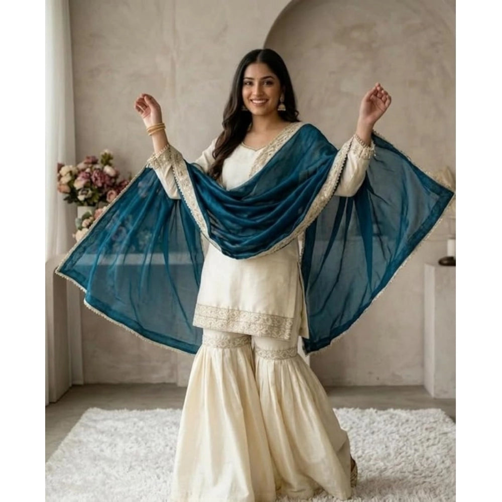 Generic Women's Silk Embroidered 3/4th Sleeve V-Neck Kurti With Sharara Pant and Dupatta Set (Cream &amp; Teal)
