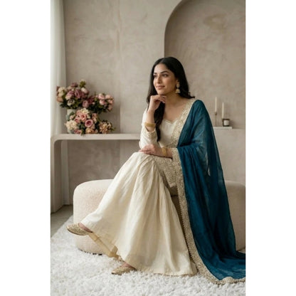 Generic Women's Silk Embroidered 3/4th Sleeve V-Neck Kurti With Sharara Pant and Dupatta Set (Cream &amp; Teal)