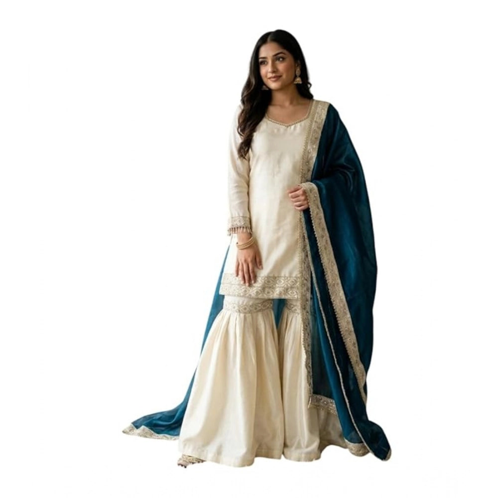 Generic Women's Silk Embroidered 3/4th Sleeve V-Neck Kurti With Sharara Pant and Dupatta Set (Cream &amp; Teal)
