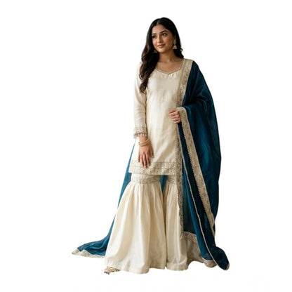 Generic Women's Silk Embroidered 3/4th Sleeve V-Neck Kurti With Sharara Pant and Dupatta Set (Cream &amp; Teal)