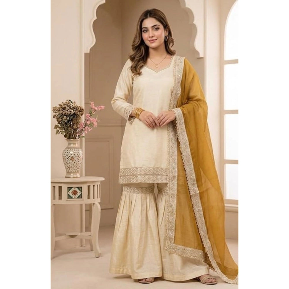 Generic Women's Silk Embroidered 3/4th Sleeve V-Neck Kurti With Sharara Pant and Dupatta Set (Cream &amp; Yellow)