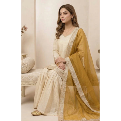 Generic Women's Silk Embroidered 3/4th Sleeve V-Neck Kurti With Sharara Pant and Dupatta Set (Cream &amp; Yellow)
