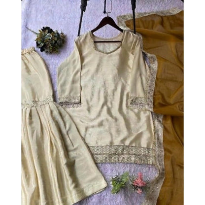 Generic Women's Silk Embroidered 3/4th Sleeve V-Neck Kurti With Sharara Pant and Dupatta Set (Cream &amp; Yellow)