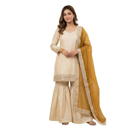 Generic Women's Silk Embroidered 3/4th Sleeve V-Neck Kurti With Sharara Pant and Dupatta Set (Cream &amp; Yellow)