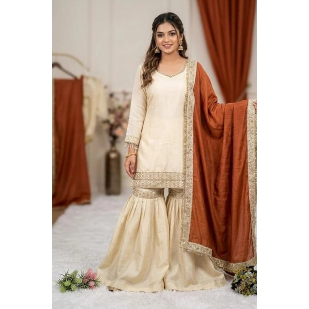 Generic Women's Silk Embroidered 3/4th Sleeve V-Neck Kurti With Sharara Pant and Dupatta Set (Cream &amp; Orange)