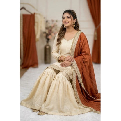 Generic Women's Silk Embroidered 3/4th Sleeve V-Neck Kurti With Sharara Pant and Dupatta Set (Cream &amp; Orange)