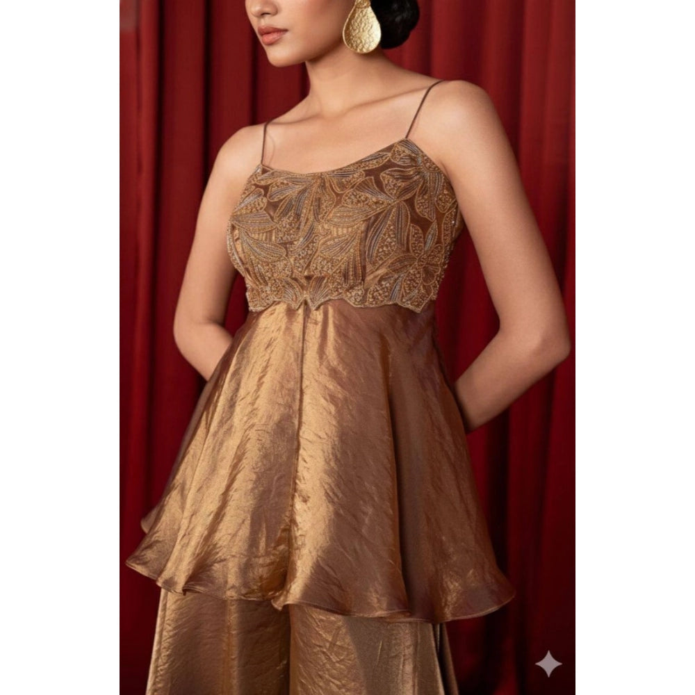 Generic Women's Silk Embroidered Sleeveless Round Kurti With Palazzo Pant and Dupatta Set (Brown)