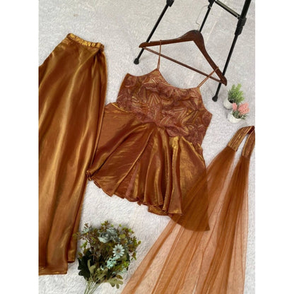 Generic Women's Silk Embroidered Sleeveless Round Kurti With Palazzo Pant and Dupatta Set (Brown)