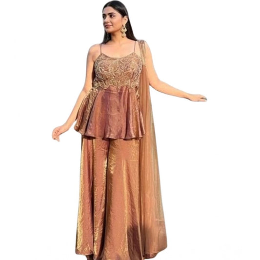 Generic Women's Silk Embroidered Sleeveless Round Kurti With Palazzo Pant and Dupatta Set (Brown)