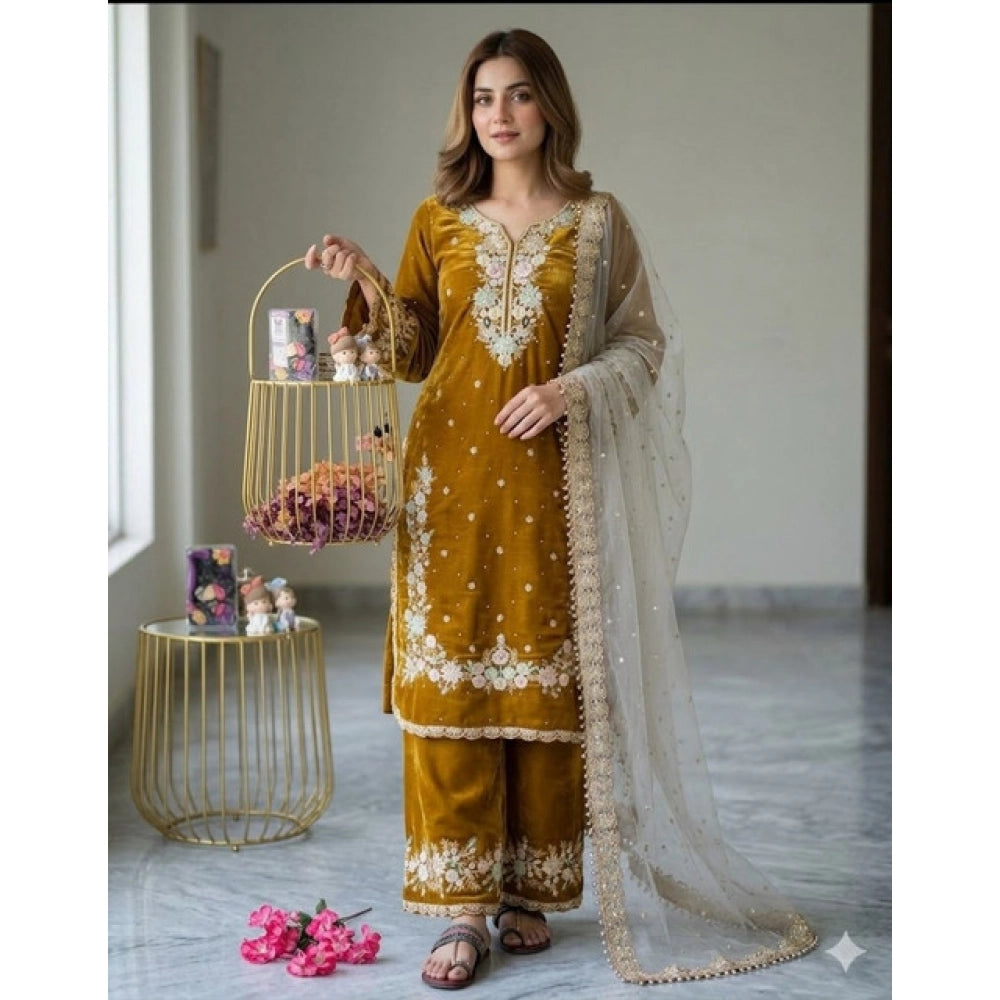 Generic Women's Silk Embroidered 3/4th Sleeve Round Kurti With Palazzo Pant and Dupatta Set (Gold)