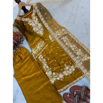 Generic Women's Silk Embroidered 3/4th Sleeve Round Kurti With Palazzo Pant and Dupatta Set (Gold)