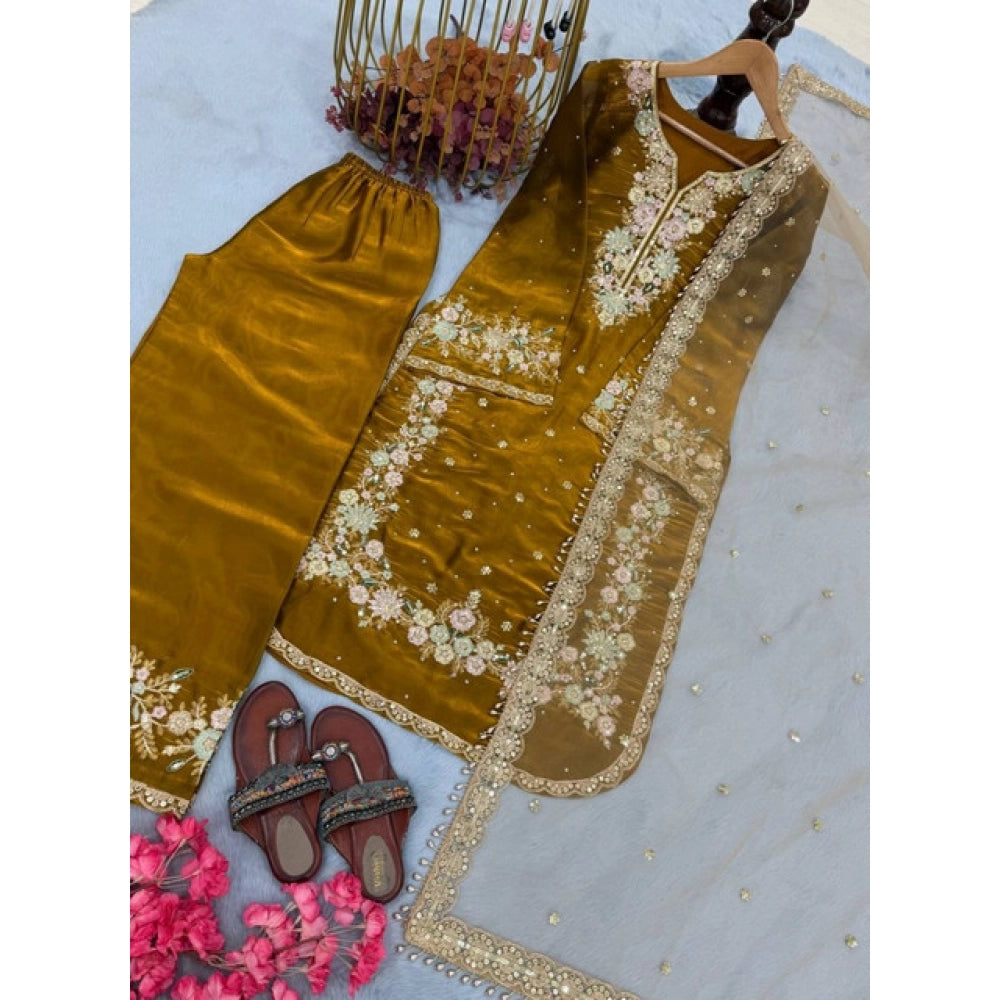 Generic Women's Silk Embroidered 3/4th Sleeve Round Kurti With Palazzo Pant and Dupatta Set (Gold)