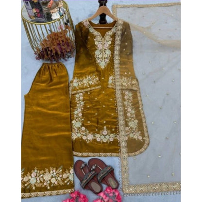 Generic Women's Silk Embroidered 3/4th Sleeve Round Kurti With Palazzo Pant and Dupatta Set (Gold)