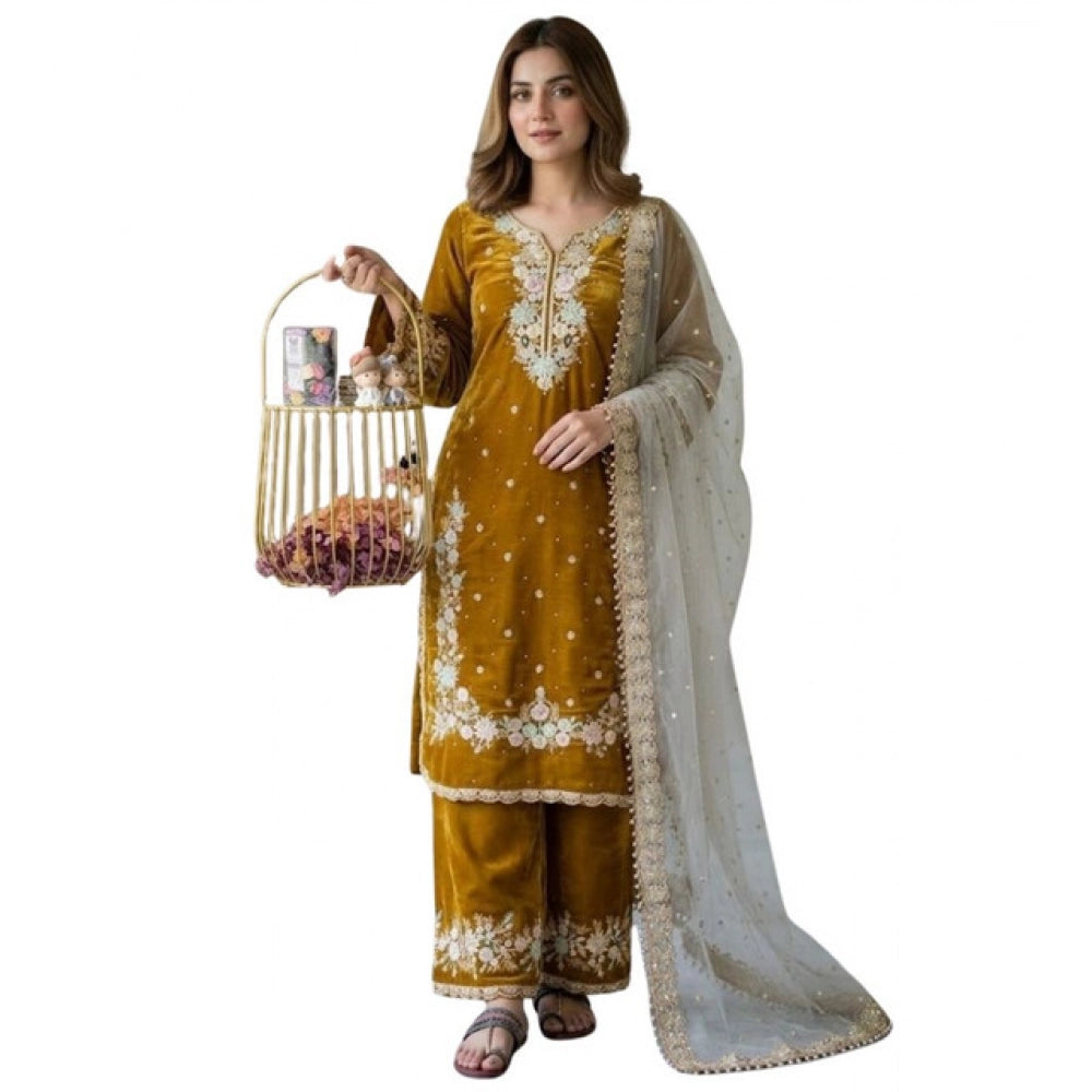 Generic Women's Silk Embroidered 3/4th Sleeve Round Kurti With Palazzo Pant and Dupatta Set (Gold)