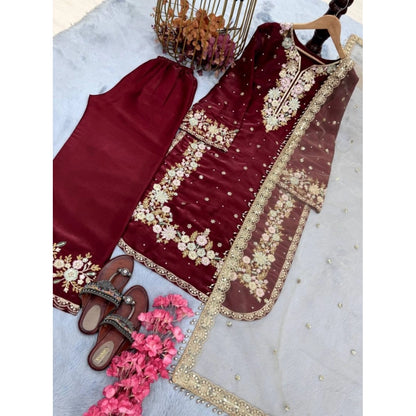 Generic Women's Silk Embroidered 3/4th Sleeve Round Kurti With Palazzo Pant and Dupatta Set (Maroon)