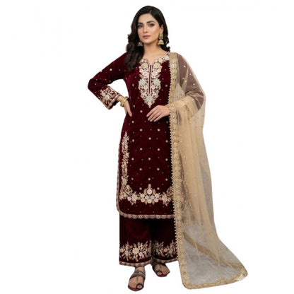 Generic Women's Silk Embroidered 3/4th Sleeve Round Kurti With Palazzo Pant and Dupatta Set (Maroon)
