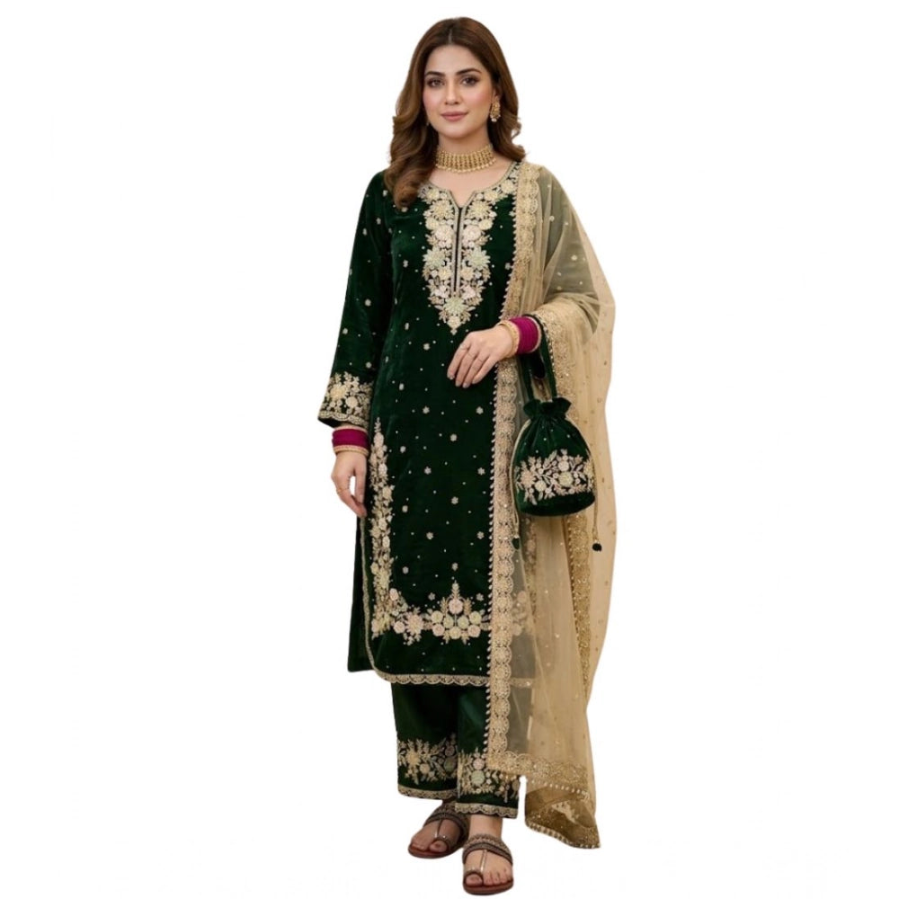 Generic Women's Silk Embroidered 3/4th Sleeve Round Kurti With Palazzo Pant and Dupatta Set (Dark Green)