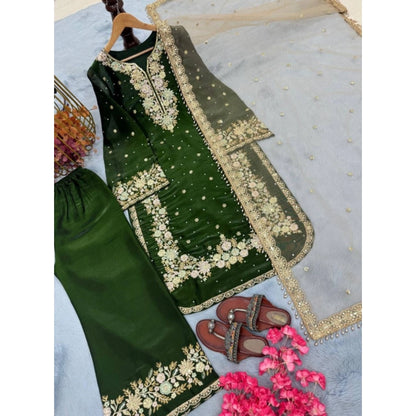 Generic Women's Silk Embroidered 3/4th Sleeve Round Kurti With Palazzo Pant and Dupatta Set (Dark Green)