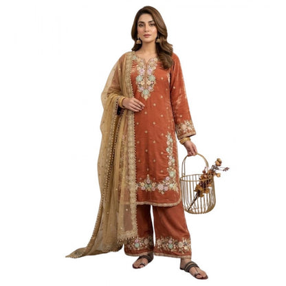 Generic Women's Silk Embroidered 3/4th Sleeve Round Kurti With Palazzo Pant and Dupatta Set (Orange)