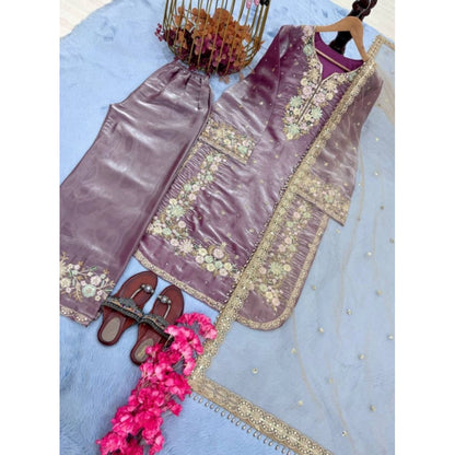Generic Women's Silk Embroidered 3/4th Sleeve Round Kurti With Palazzo Pant and Dupatta Set (Lavender)