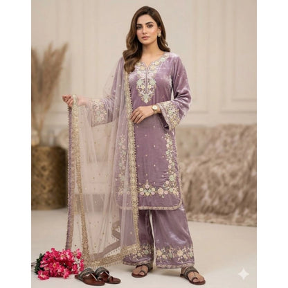Generic Women's Silk Embroidered 3/4th Sleeve Round Kurti With Palazzo Pant and Dupatta Set (Lavender)