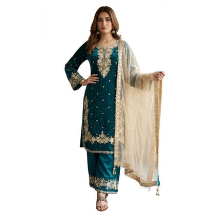 Generic Women's Silk Embroidered 3/4th Sleeve Round Kurti With Palazzo Pant and Dupatta Set (Teal)
