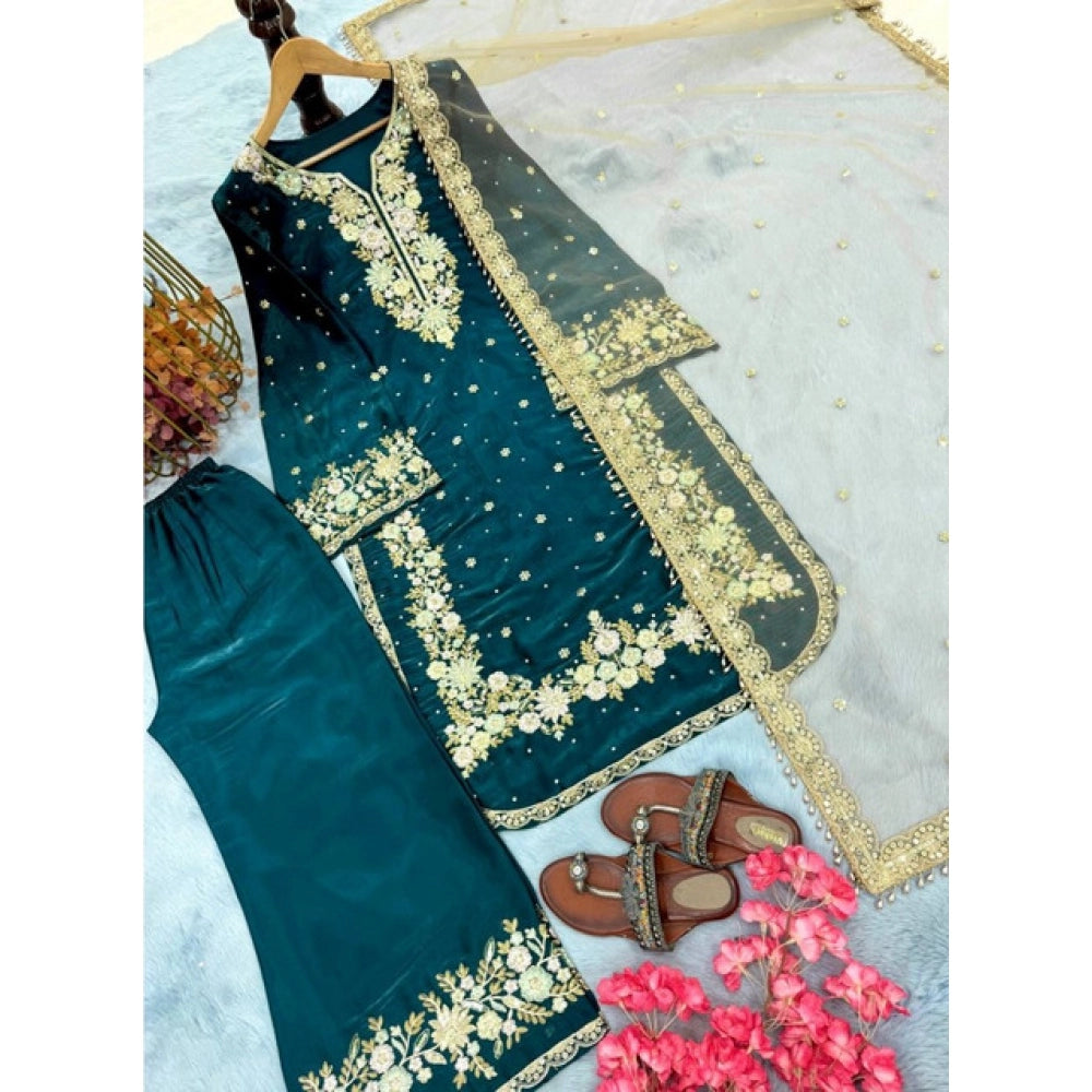 Generic Women's Silk Embroidered 3/4th Sleeve Round Kurti With Palazzo Pant and Dupatta Set (Teal)