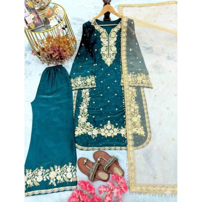Generic Women's Silk Embroidered 3/4th Sleeve Round Kurti With Palazzo Pant and Dupatta Set (Teal)