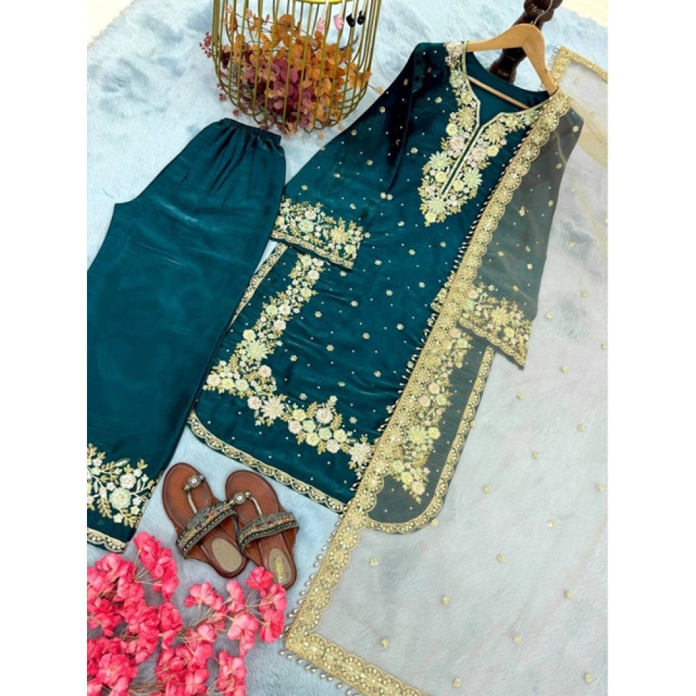 Generic Women's Silk Embroidered 3/4th Sleeve Round Kurti With Palazzo Pant and Dupatta Set (Teal)