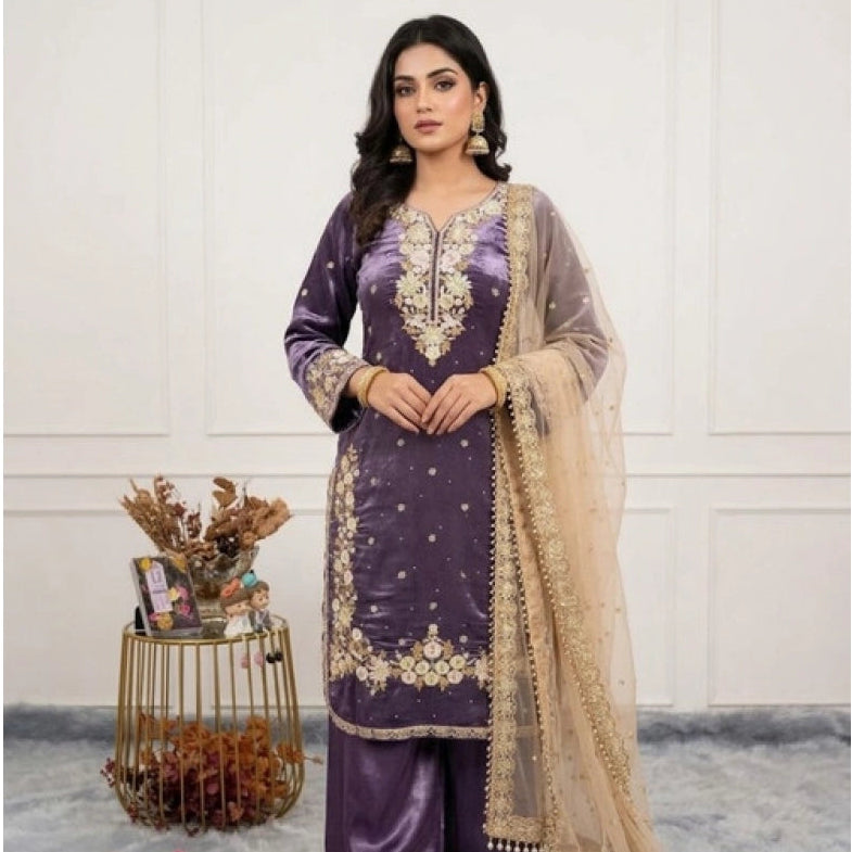 Generic Women's Silk Embroidered 3/4th Sleeve Round Kurti With Palazzo Pant and Dupatta Set (Purple)