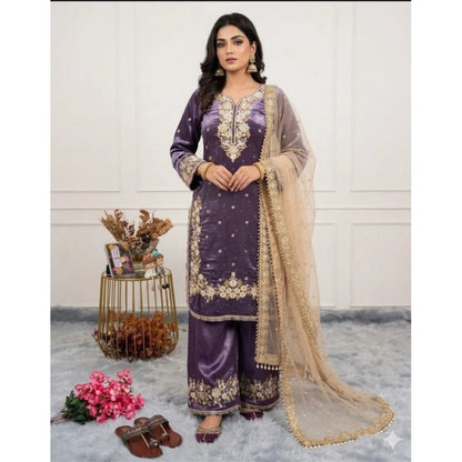 Generic Women's Silk Embroidered 3/4th Sleeve Round Kurti With Palazzo Pant and Dupatta Set (Purple)