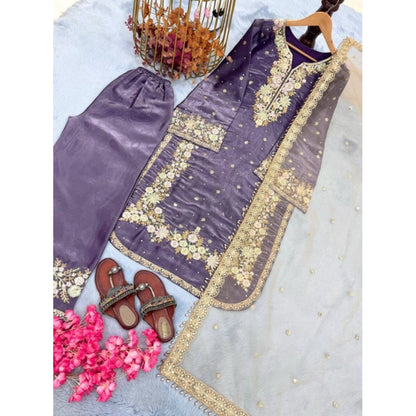 Generic Women's Silk Embroidered 3/4th Sleeve Round Kurti With Palazzo Pant and Dupatta Set (Purple)