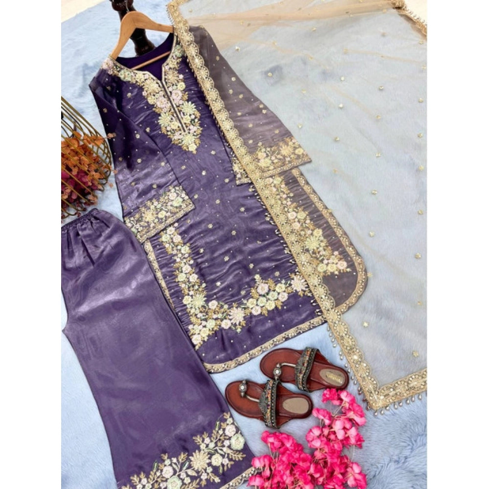 Generic Women's Silk Embroidered 3/4th Sleeve Round Kurti With Palazzo Pant and Dupatta Set (Purple)