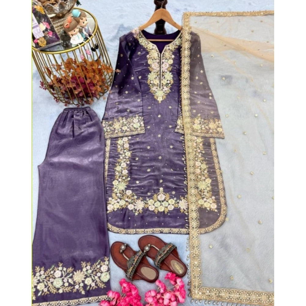 Generic Women's Silk Embroidered 3/4th Sleeve Round Kurti With Palazzo Pant and Dupatta Set (Purple)