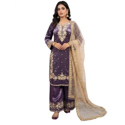 Generic Women's Silk Embroidered 3/4th Sleeve Round Kurti With Palazzo Pant and Dupatta Set (Purple)