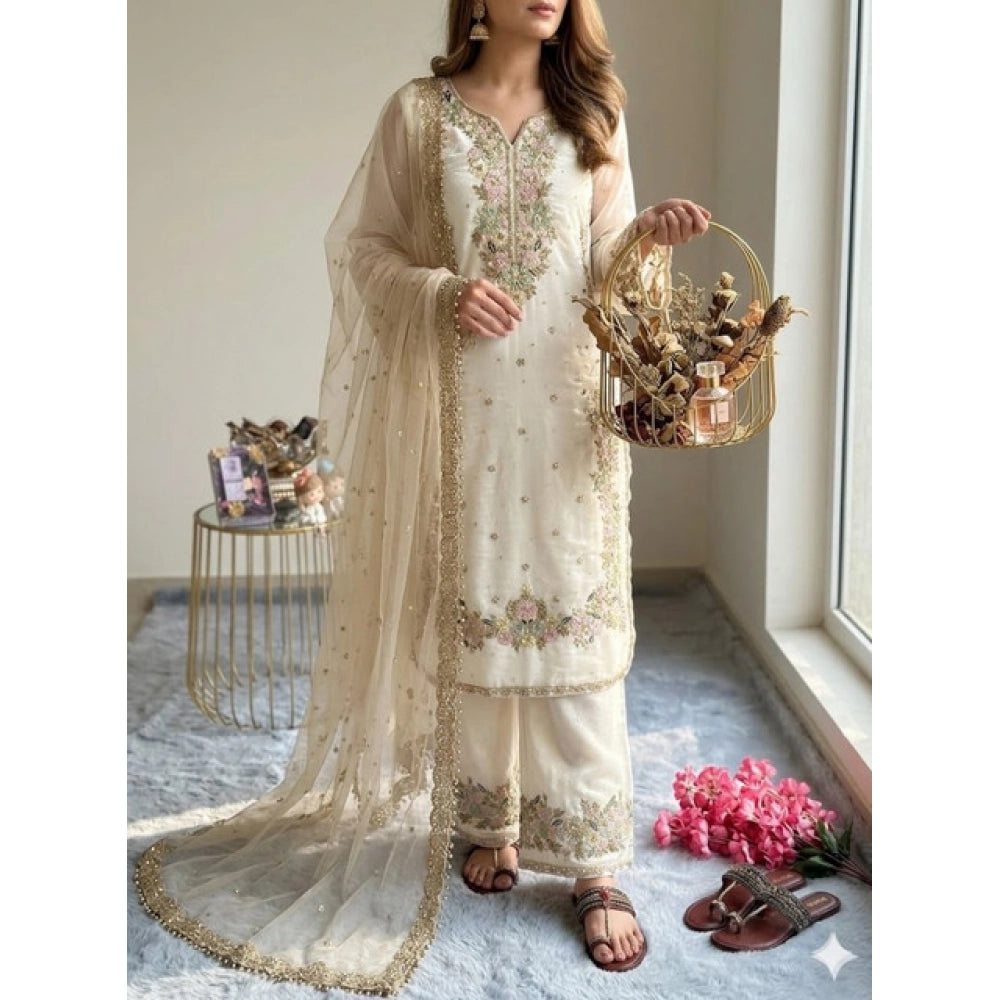 Generic Women's Silk Embroidered 3/4th Sleeve Round Kurti With Palazzo Pant and Dupatta Set (White)